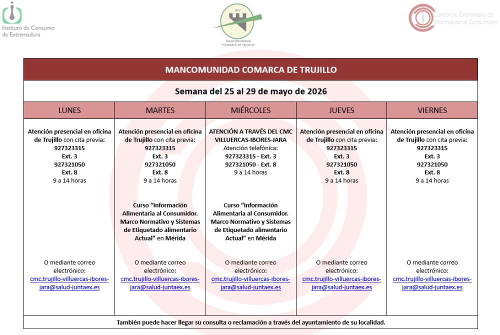 Imagen Calendario del Centro Mancomunado de Consumo del 25 al 29 de mayo de 2026.