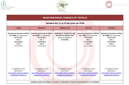 Imagen Calendario del Centro Mancomunado de Consumo del 15 al 19 de junio de 2026.
