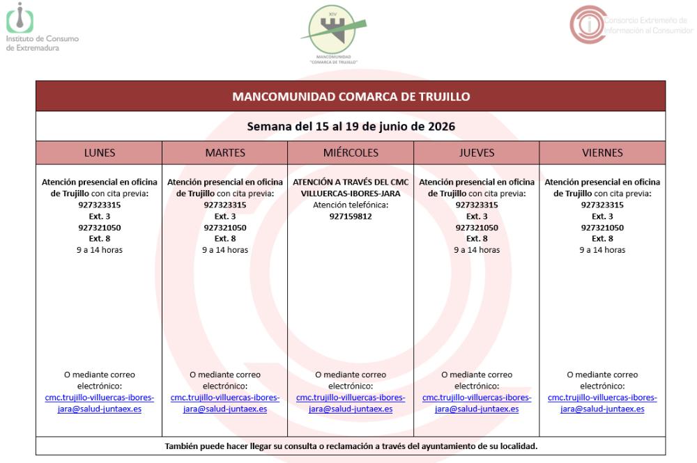 Imagen Calendario del Centro Mancomunado de Consumo del 15 al 19 de junio de 2026.