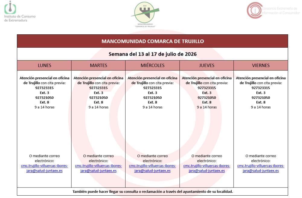 Imagen Calendario del Centro Mancomunado de Consumo del 13 al 17 de julio de 2026.