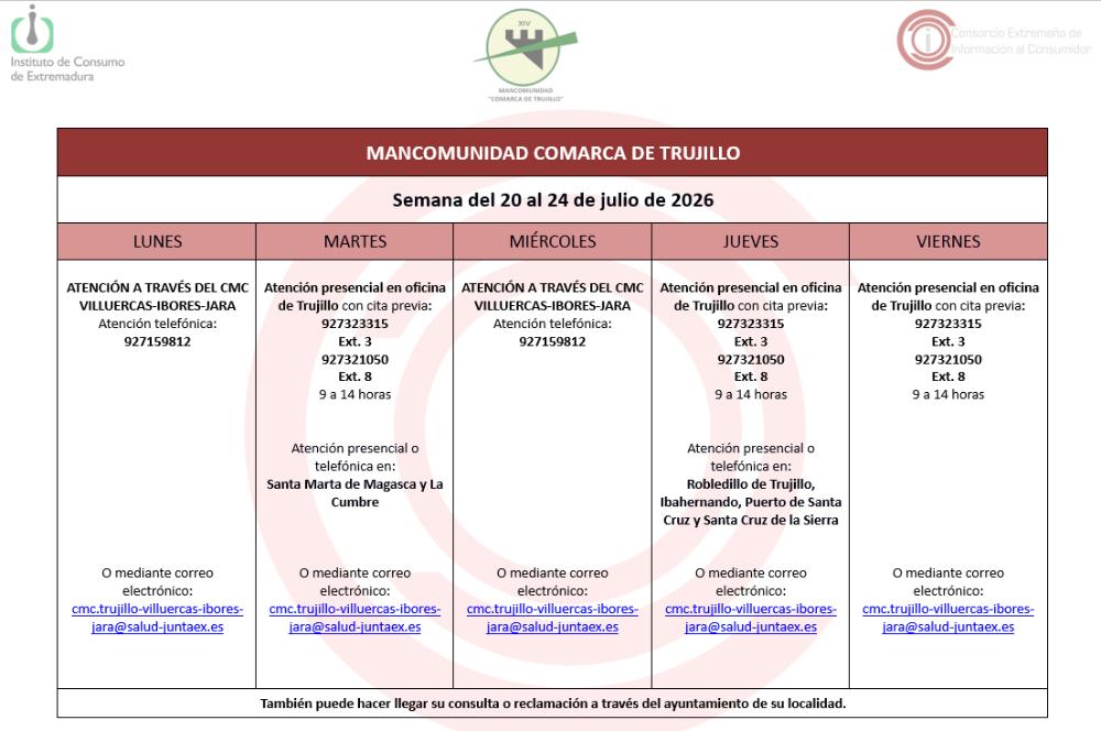 Imagen Calendario del Centro Mancomunado de Consumo del 20 al 24 de julio de 2026.