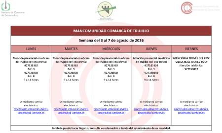 Imagen Calendario del Centro Mancomunado de Consumo del 3 al 7 de agosto de 2026.