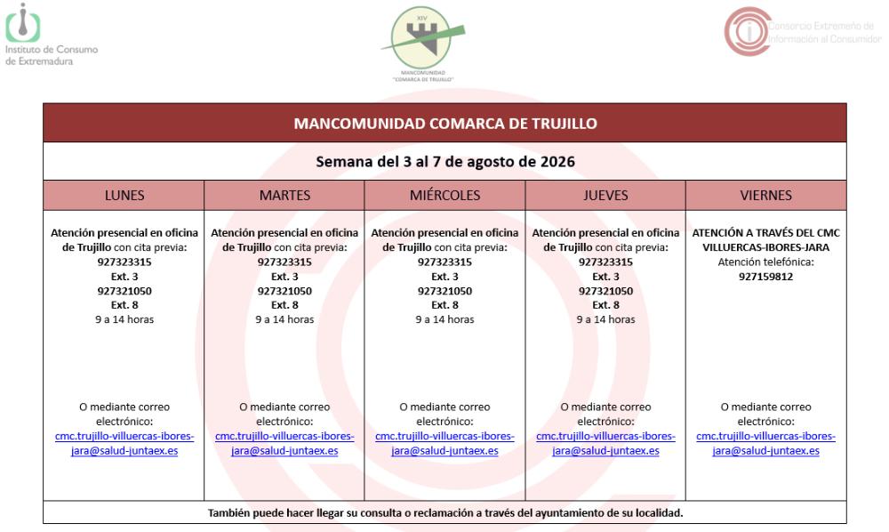 Imagen Calendario del Centro Mancomunado de Consumo del 3 al 7 de agosto de 2026.