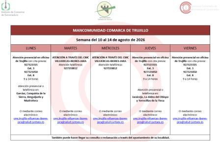 Imagen Calendario del Centro Mancomunado de Consumo del 10 al 14 de agosto de 2026.