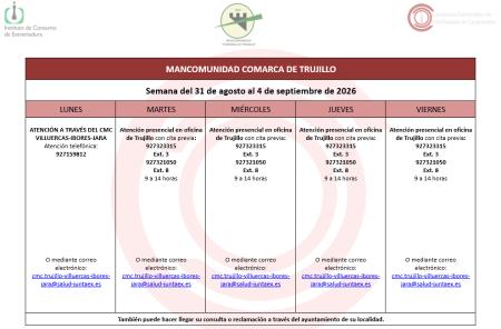 Imagen Calendario del Centro Mancomunado de Consumo del 31 de agosto al 4 de septiembre de 2026.