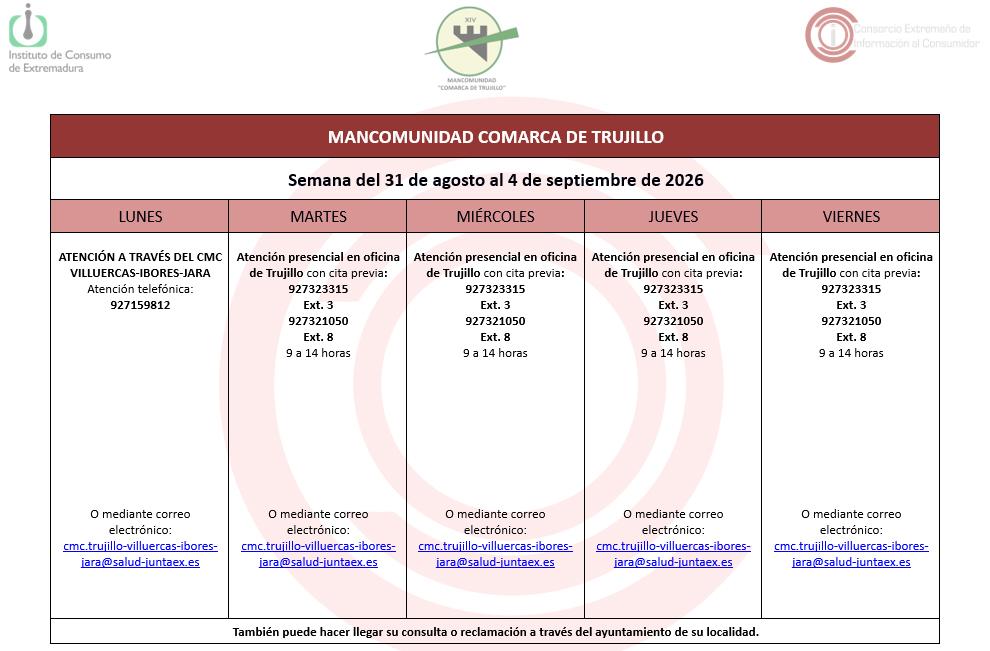 Imagen Calendario del Centro Mancomunado de Consumo del 31 de agosto al 4 de septiembre de 2026.