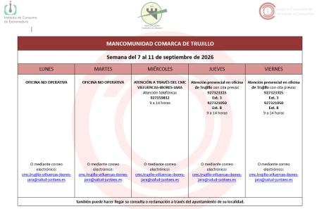 Imagen Calendario del Centro Mancomunado de Consumo del 7 al 11 de septiembre de 2026.