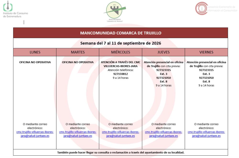 Imagen Calendario del Centro Mancomunado de Consumo del 7 al 11 de septiembre de 2026.