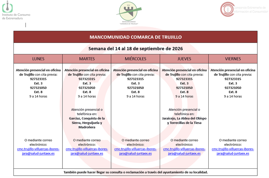 Imagen Calendario del Centro Mancomunado de Consumo del 14 al 18 de septiembre de 2026.