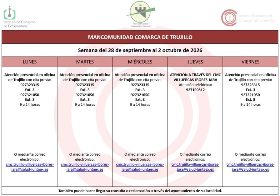Imagen Calendario del Centro Mancomunado de Consumo del 28 de septiembre al 4 de octubre de 2026.
