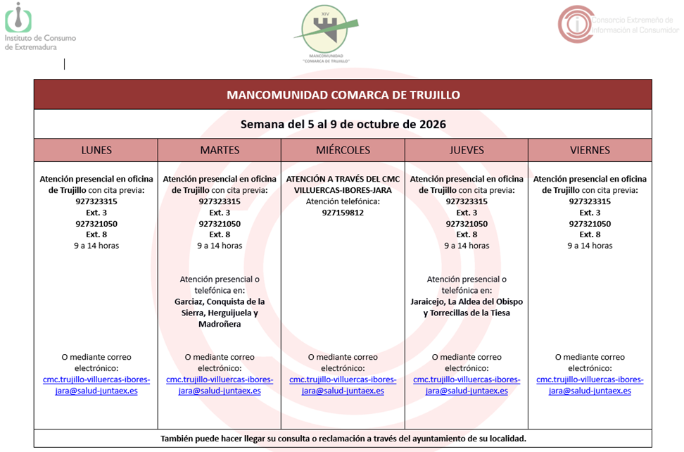 Imagen Calendario del Centro Mancomunado de Consumo del 5 al 9 de octubre de 2026.